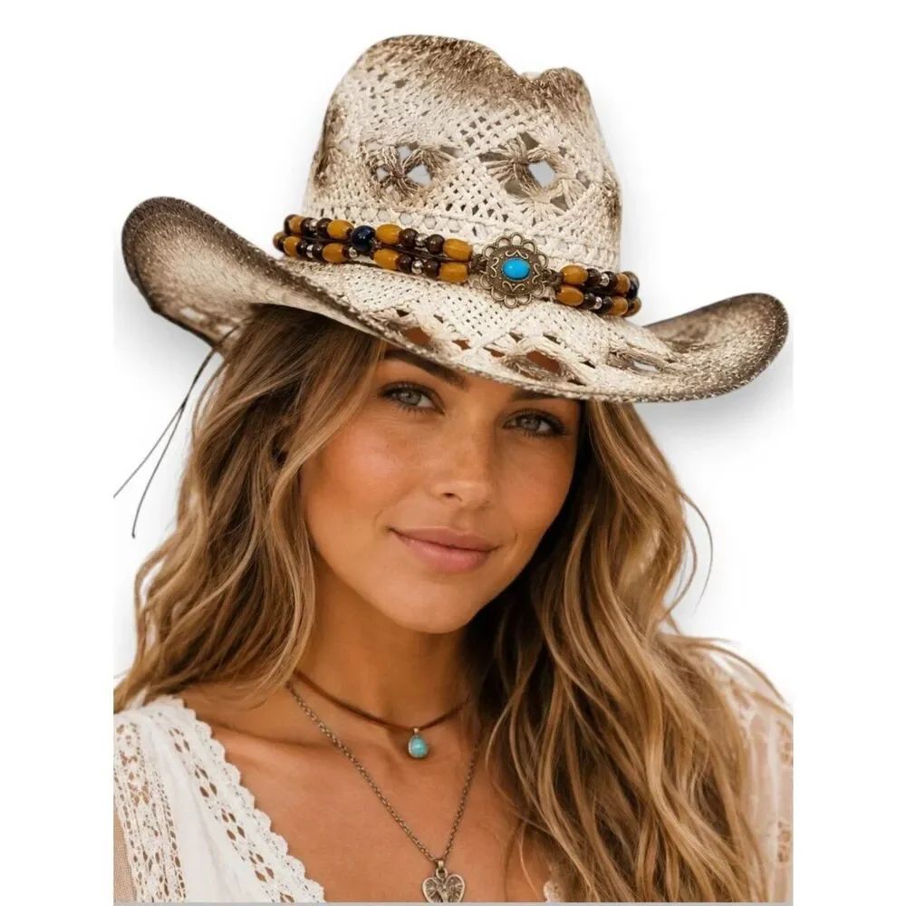 White Brown Woven Cowboy Straw Hat Turquoise Beaded Band OS NWT